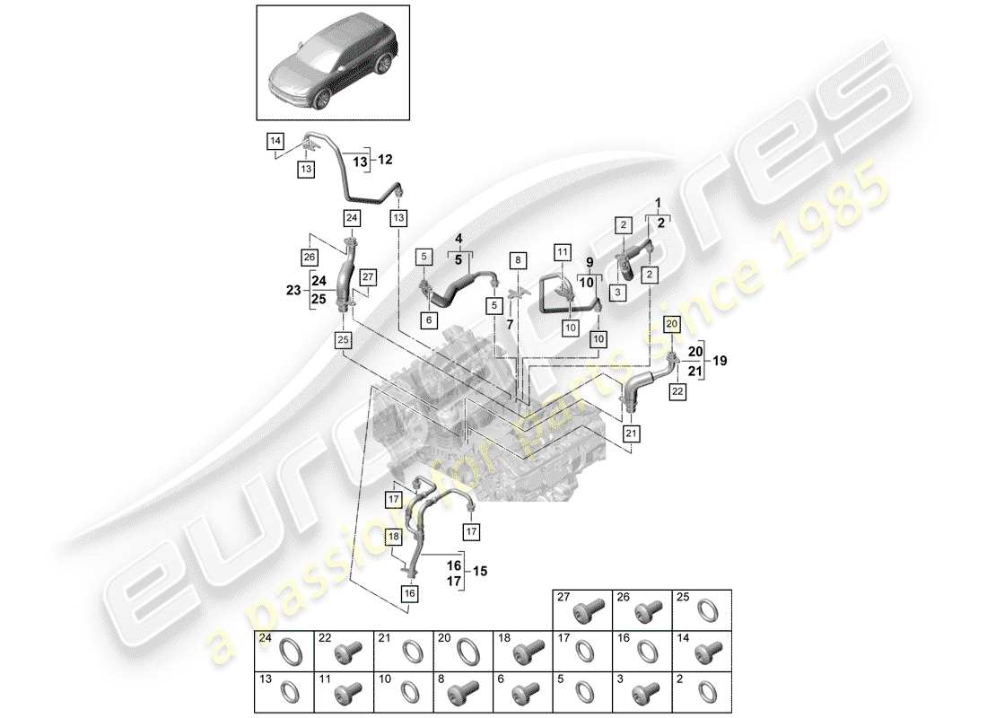 porsche 2020 (cayenne e3 9ya/9yb) enfriamiento por agua para diagrama de piezas