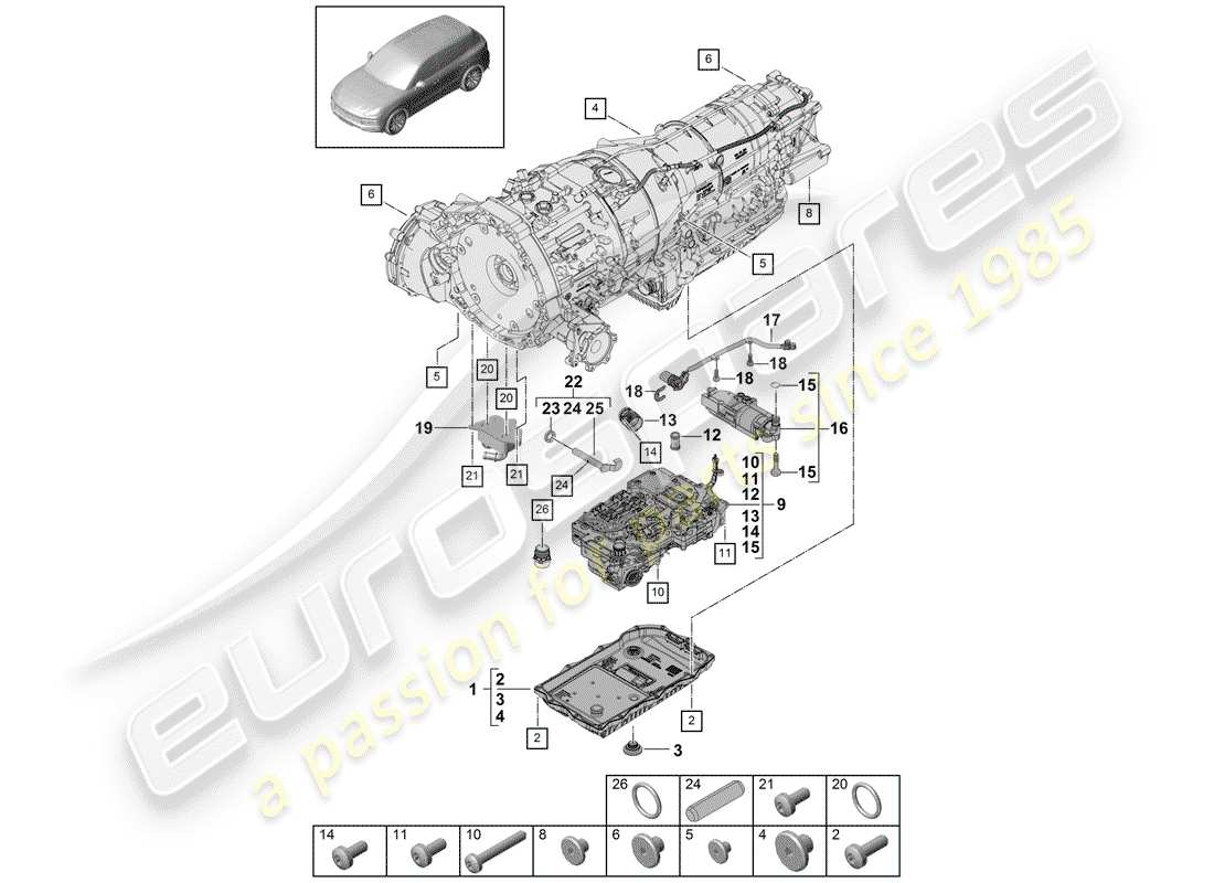 porsche 2020 (cayenne e3 9ya/9yb) 8-speed diagrama de piezas de la caja de cambios automática