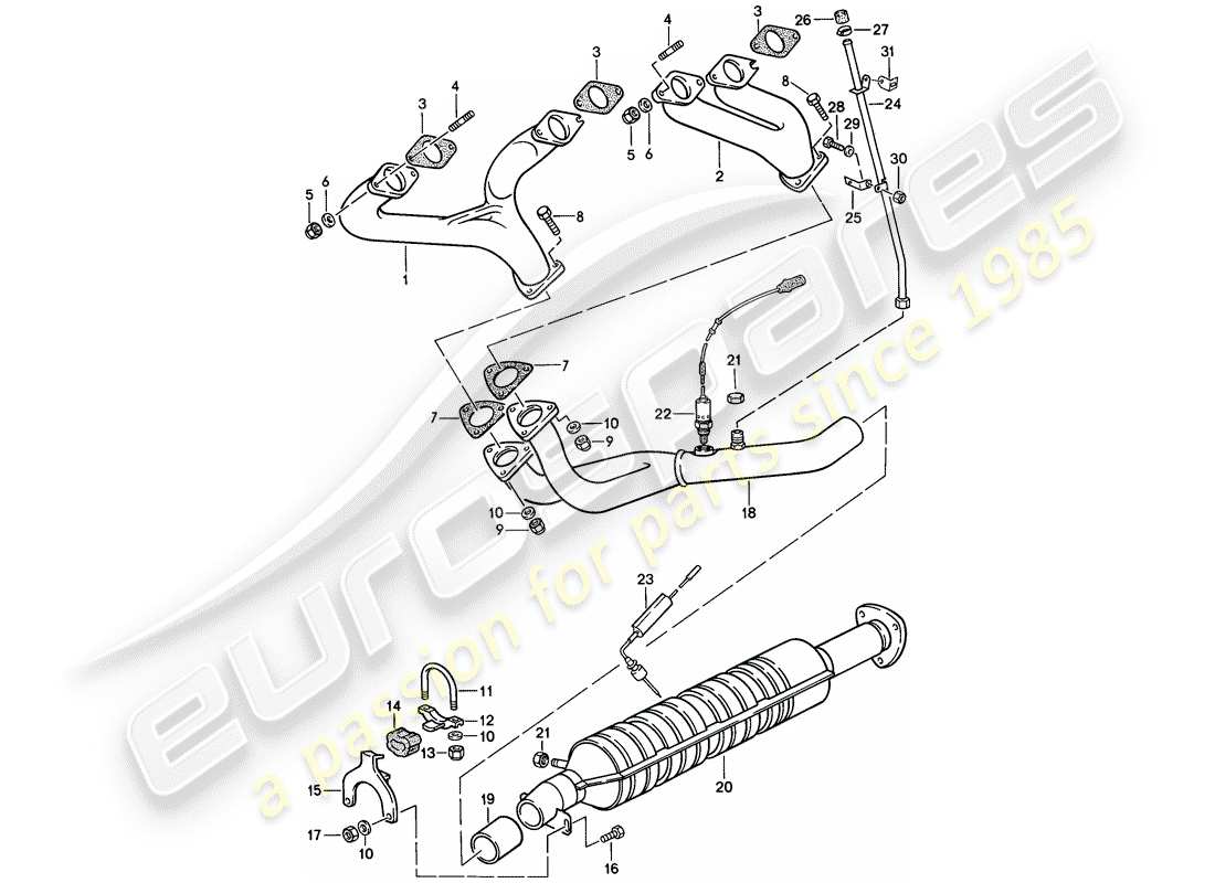porsche 1987 (924s) sistema de escape - catalizador diagrama de piezas