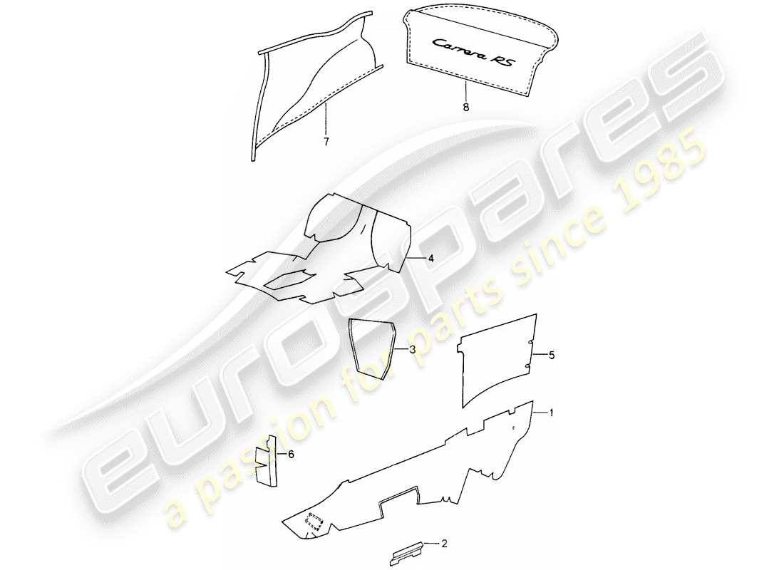porsche 1996 (993) equipamiento interior - alfombra adhesiva diagrama de piezas