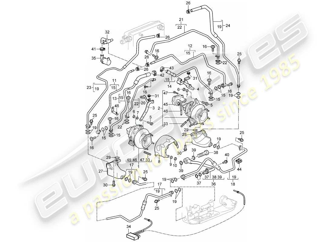 porsche 2008 (997-1 turbo / gt2) turbocompresor de gases de escape diagrama de piezas