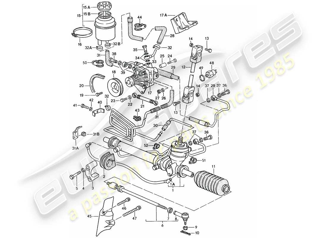 porsche 1986 (944) dirección asistida - engranaje de dirección - bomba de dirección asistida - diagrama de partes líneas