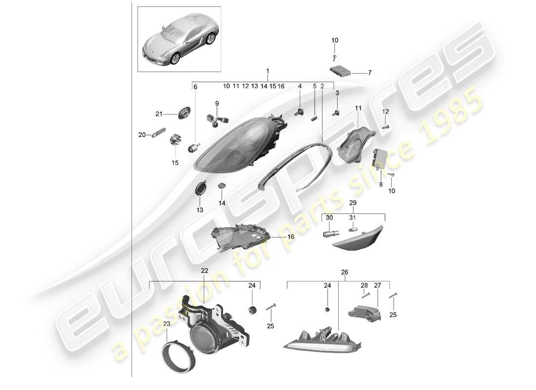 porsche cayman 981 (2015) diagrama de piezas del faro