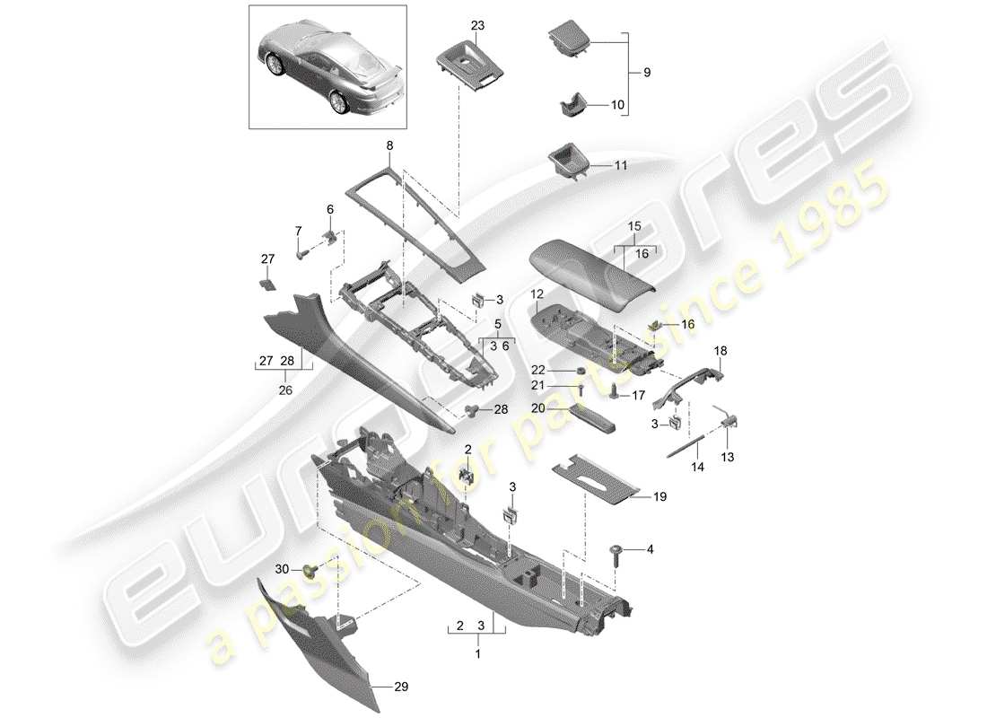 porsche 2017 (991-2 r/gt3/rs) diagrama de piezas de la consola central