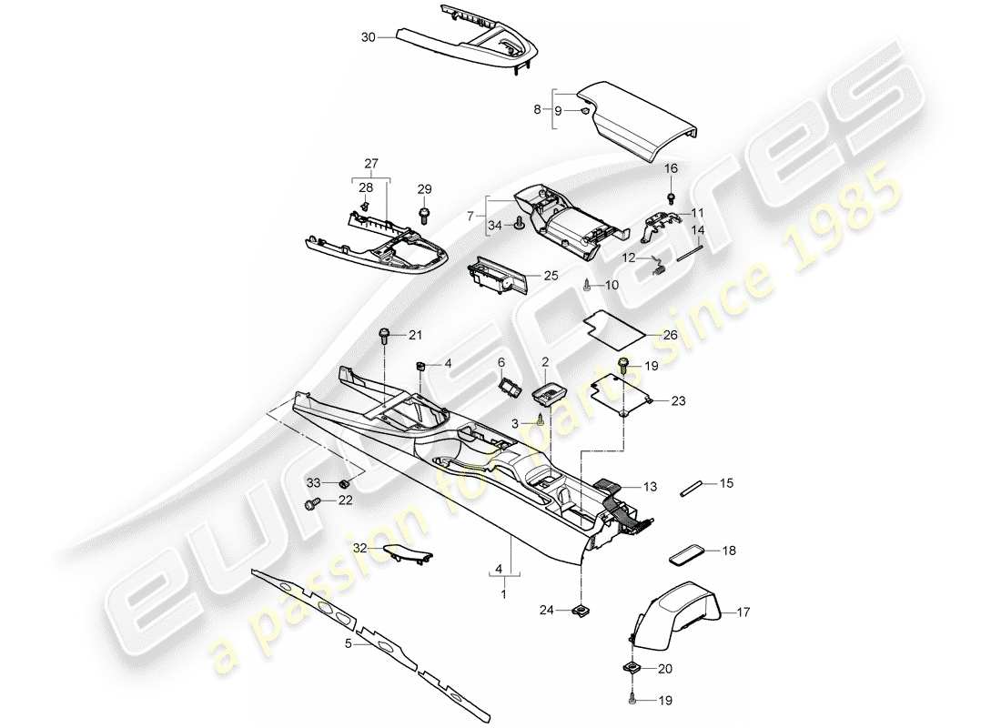 porsche 2011 (997-2 gt3) center console diagrama de piezas