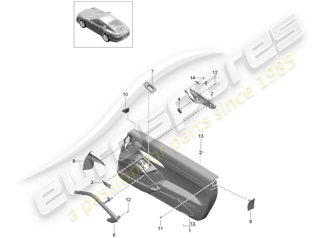 porsche 2017 (991-2 r/gt3/rs) diagrama de piezas del panel de puerta
