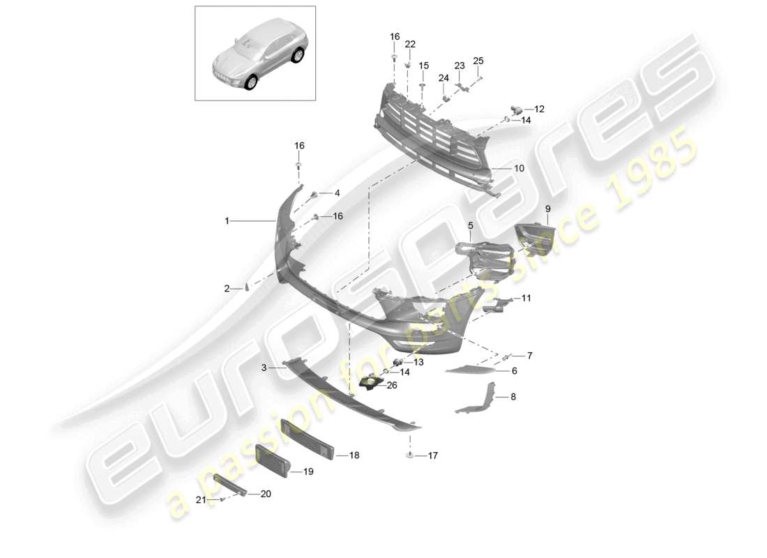 porsche 2015 (macan) diagrama de piezas del parachoques delantero gts y paquete sport design