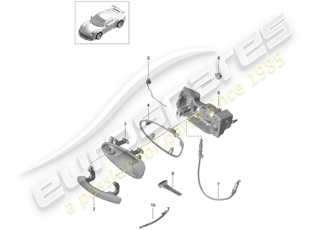 porsche 2017 (991-2 r/gt3/rs) manija de puerta exterior diagrama de pieza