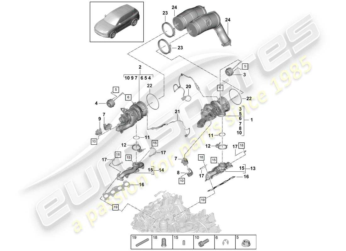 porsche 2020 (cayenne e3 9ya/9yb) diagrama de piezas del turbocompresor de gas de escape