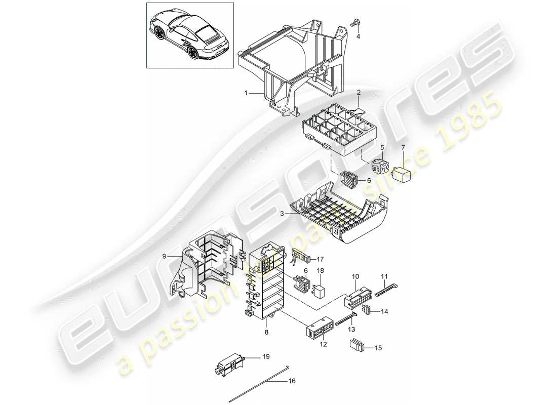 porsche 911 t/gt2rs (2012) diagrama de piezas de la caja de fusibles/placa de relé