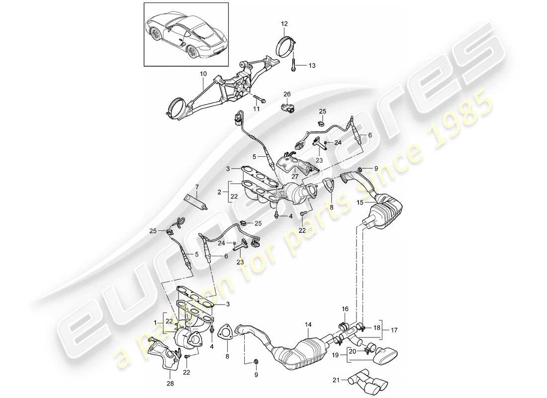 porsche 2012 (987 cayman) diagrama de piezas del sistema de escape