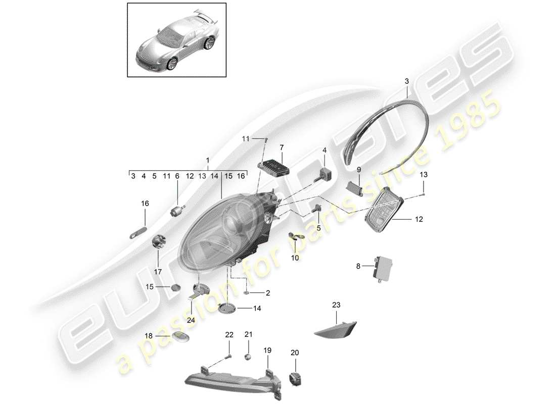 porsche 991r/gt3/rs (2015) diagrama de piezas del faro