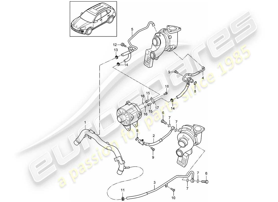 porsche 2016 (cayenne e2 92a) diagrama de piezas del turbocompresor de gas de escape