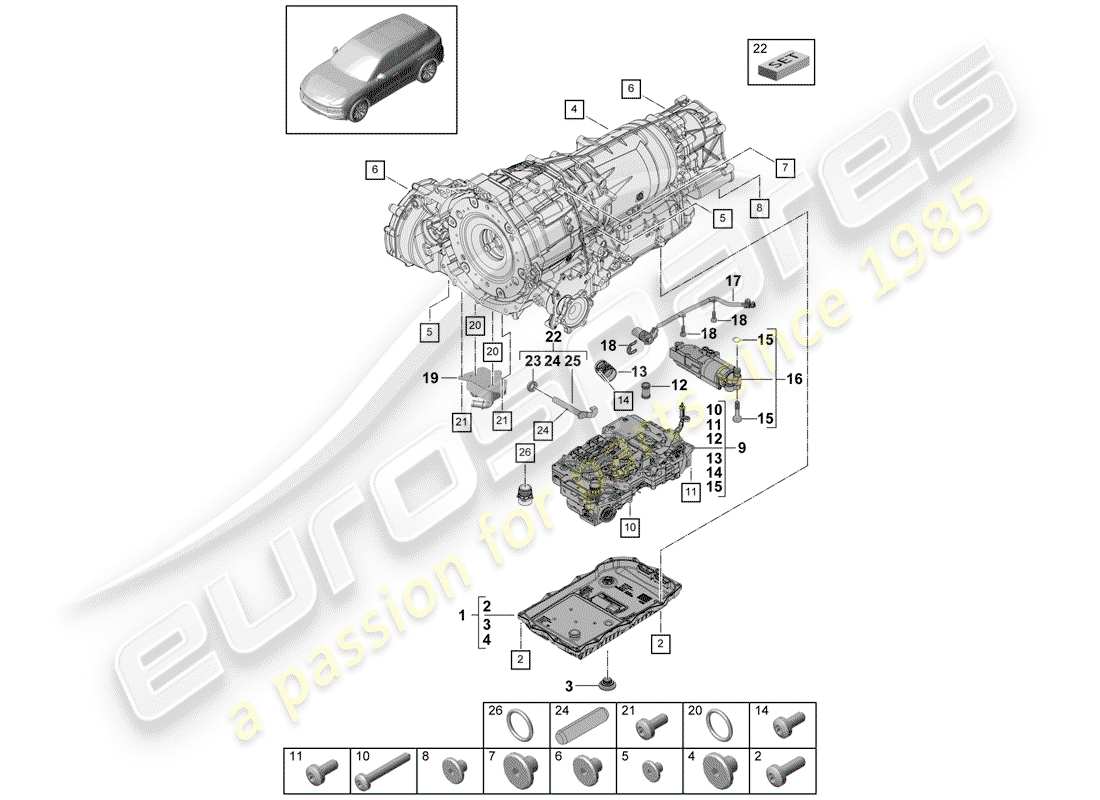 porsche 2019 (cayenne e3 9ya/9yb) 8-speed caja de cambios automática diagrama de piezas