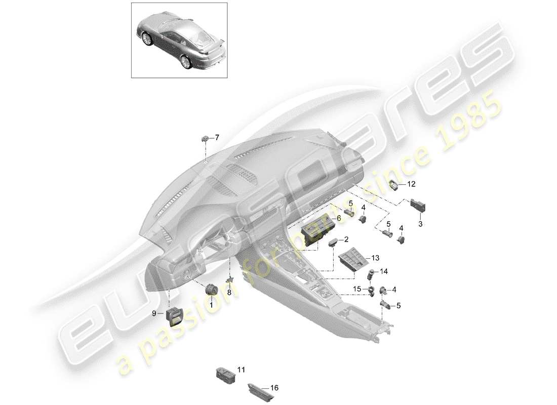 porsche 991r/gt3/rs (2015) diagrama de piezas del interruptor