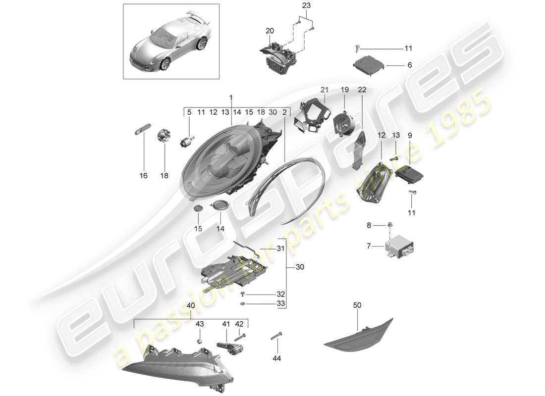 porsche 991r/gt3/rs (2015) diagrama de piezas del faro led
