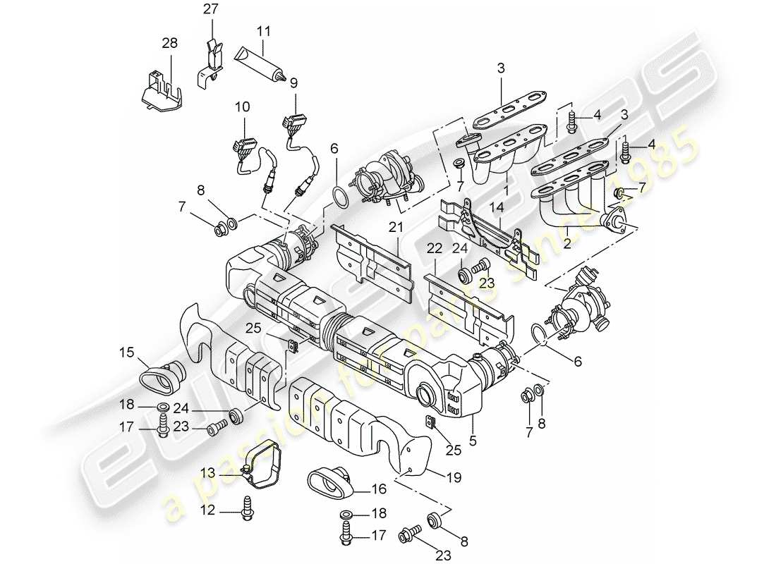 porsche 2005 (996 turbo / gt2) diagrama de piezas del sistema de escape