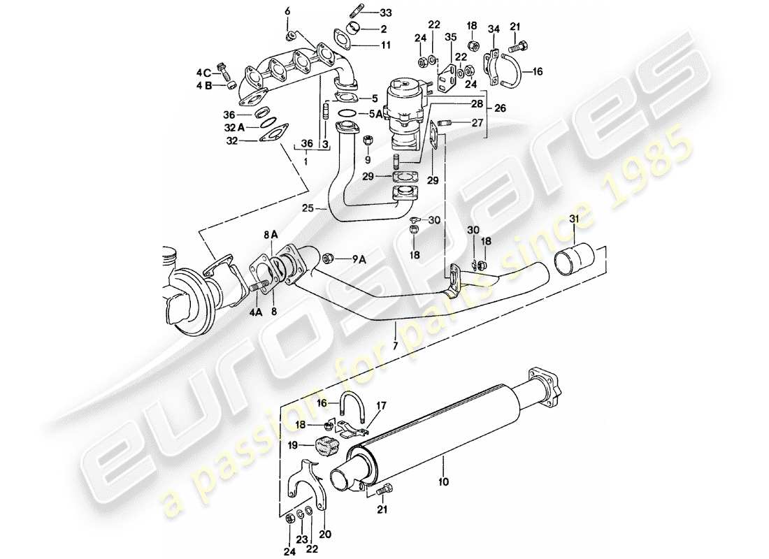 porsche 1982 (924) sistema de escape - silenciador de escape, delantero diagrama de piezas
