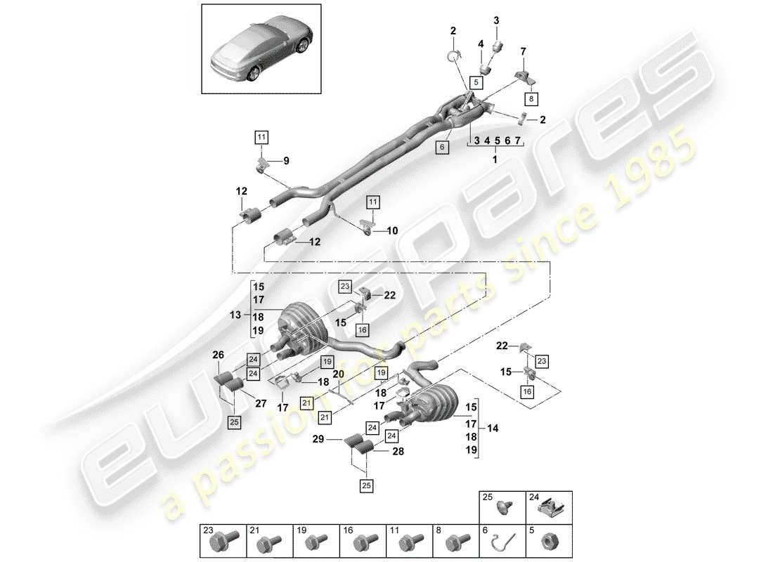 porsche 2017 (panamera 971-1) sistema de escape diagrama de piezas