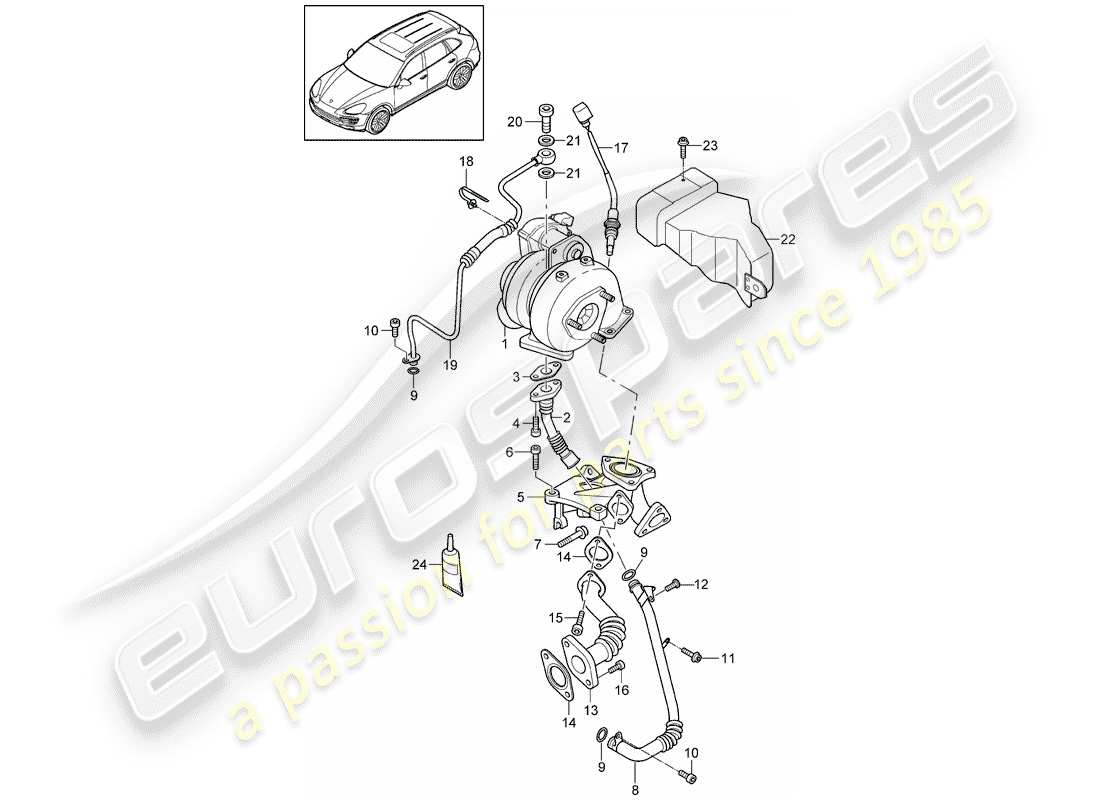 porsche 2016 (cayenne e2 92a) diagrama de piezas del turbocompresor de gas de escape