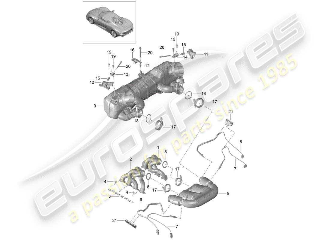 porsche 2015 (918 spyder) sistema de escape diagrama de piezas