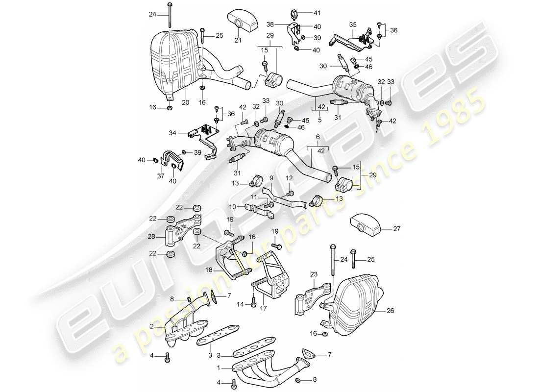 porsche 2005 (997-1) sistema de escape diagrama de piezas