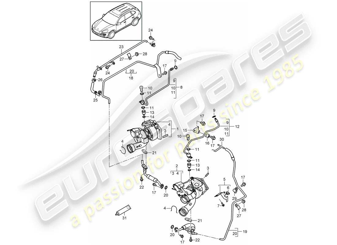 porsche 2016 (cayenne e2 92a) diagrama de piezas del turbocompresor de gas de escape