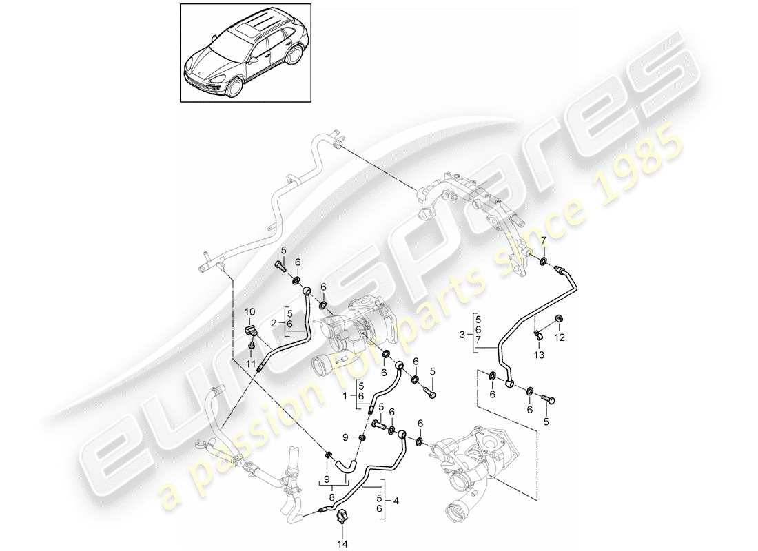 porsche cayenne e2 (2011) diagrama de piezas del turbocompresor de gas de escape