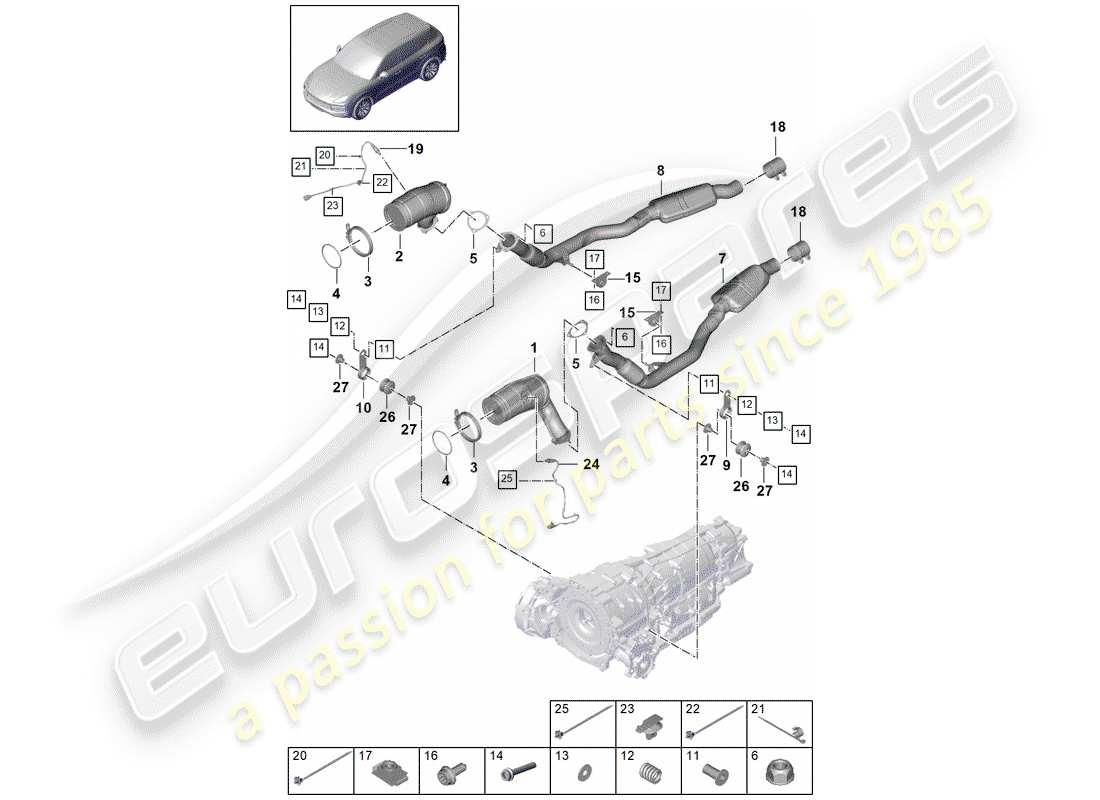 porsche 2020 (cayenne e3 9ya/9yb) diagrama de piezas del sistema de escape