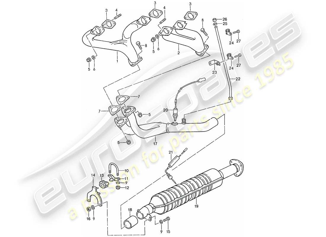 porsche 1990 (944) sistema de escape - catalizador diagrama de piezas