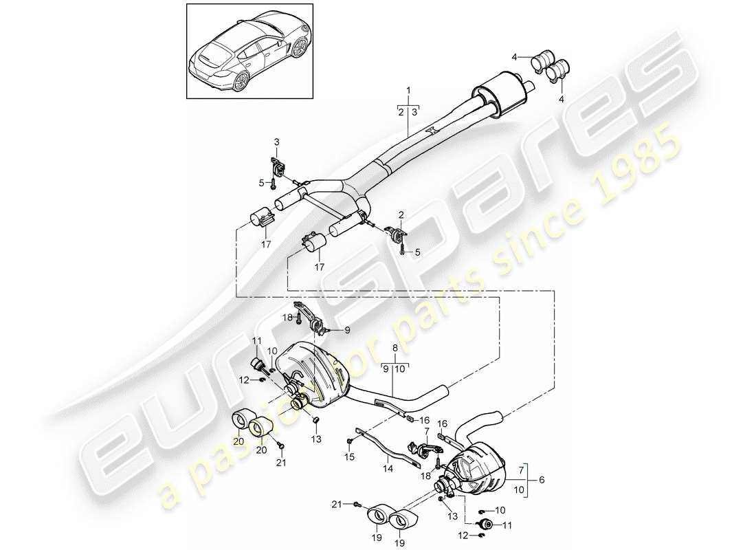 porsche 2016 (panamera 970) sistema de escape diagrama de piezas