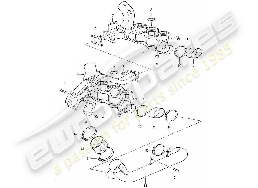 porsche 1994 (964) sistema de escape - núcleo del calentador diagrama de piezas