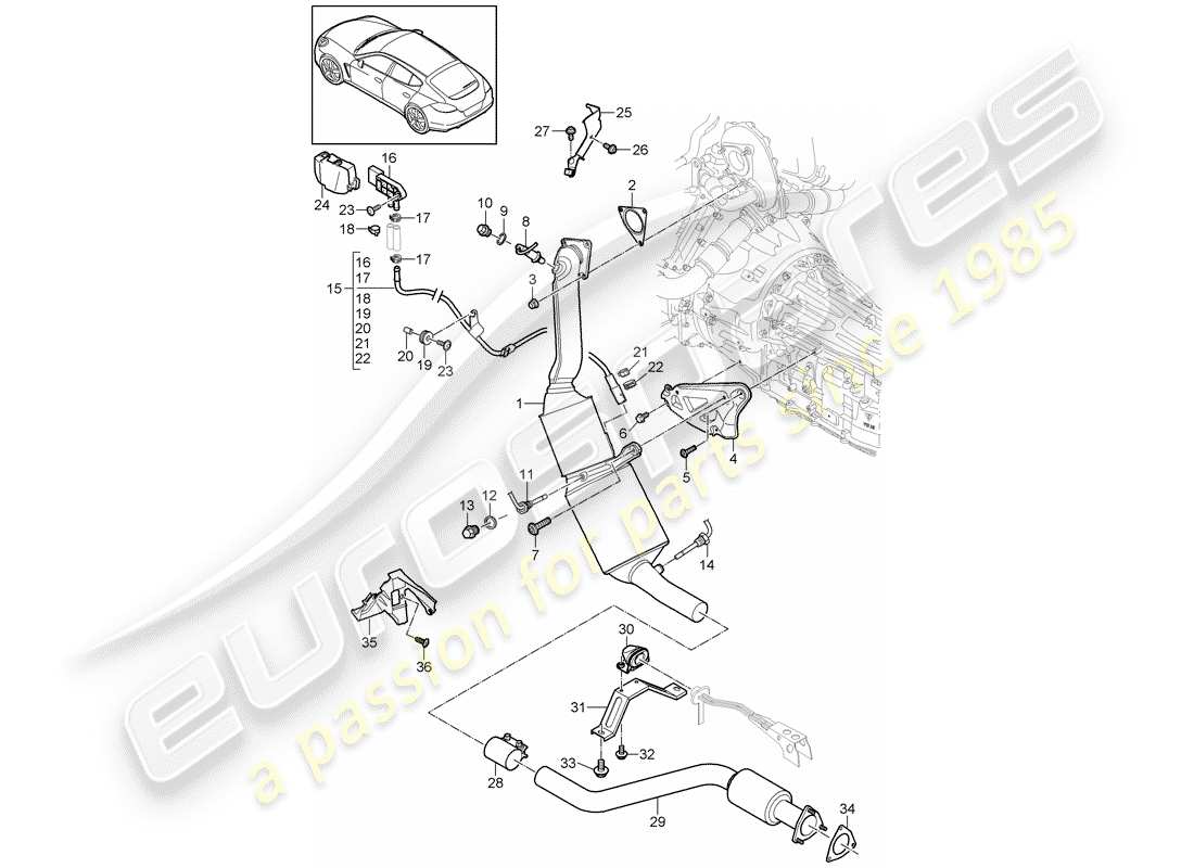 porsche 2016 (panamera 970) sistema de escape diagrama de piezas