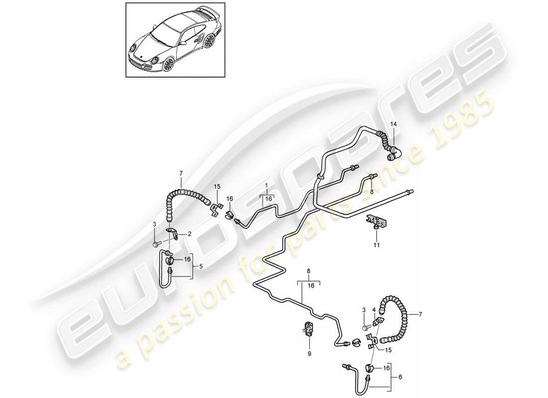 porsche 911 t/gt2rs (2013) diagrama de piezas de la línea de freno