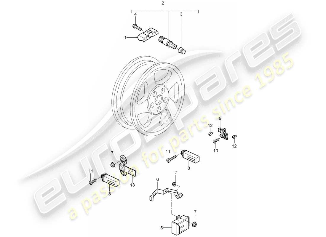 porsche 2007 (997-1 turbo / gt2) sistema de control de presión de neumáticos diagrama de piezas