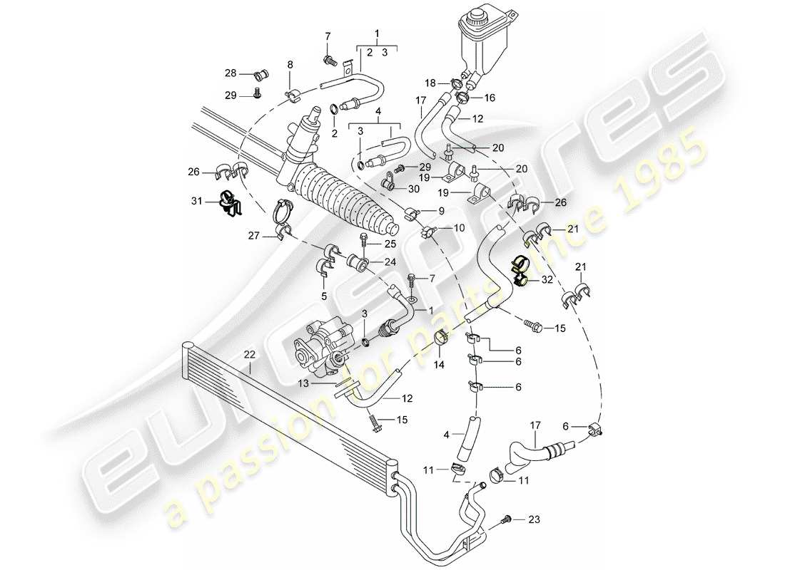 porsche 2006 (cayenne e1 9pa) diagrama de piezas de la dirección asistida
