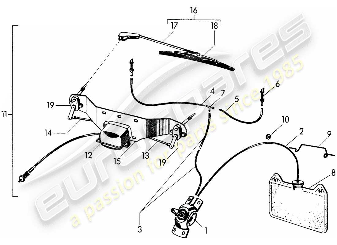 porsche 1954 (356/356a) unidad arandela - sistema de limpiaparabrisas diagrama de piezas