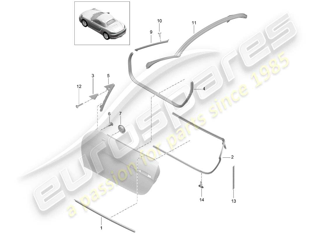 porsche 2018 (718 boxster) diagrama de piezas del sello de puerta