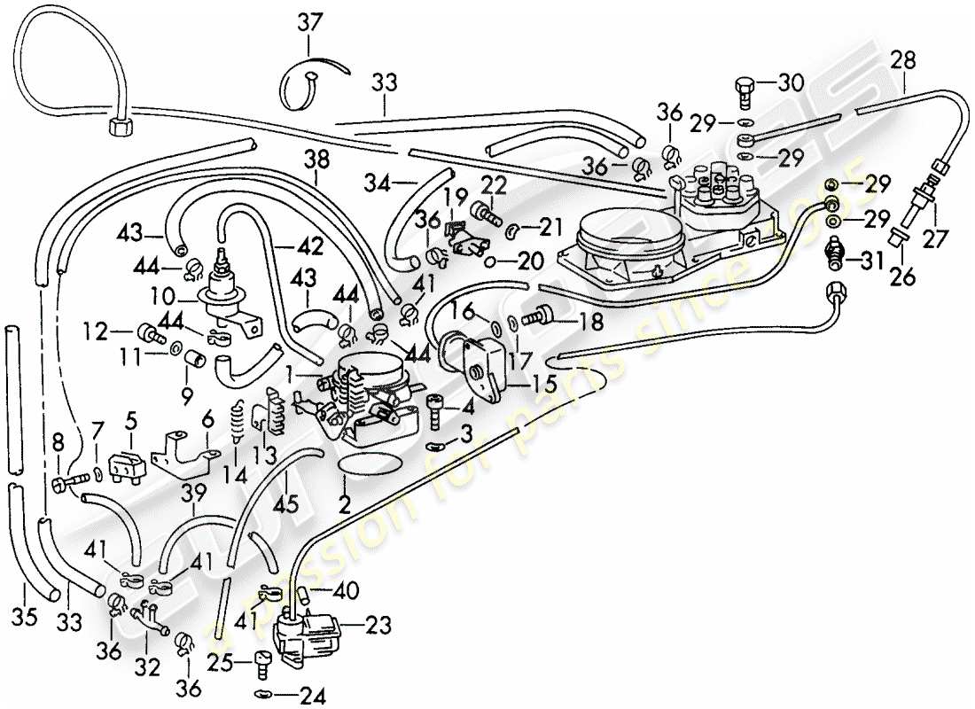 porsche 1973 (911) sistema de inyección - con: - línea de combustible - válvulas - boquilla de clamp - y - válvula de calentamiento - d - mj 1972>> diagrama de partes