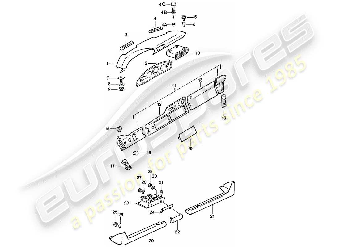 porsche 1985 (911) adorno del panel de tablero - con piezas de instalación - d >> - mj 1985 diagrama de piezas