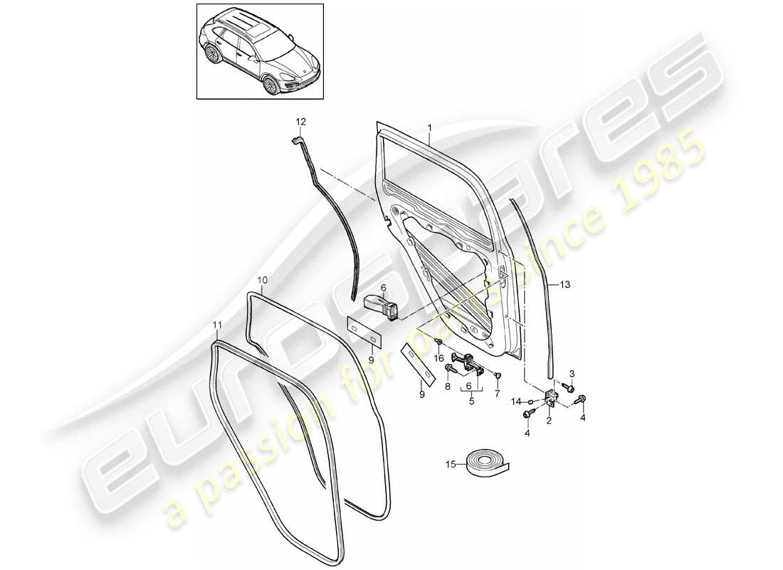 porsche 2016 (cayenne e2 92a) diagrama de piezas de la carcasa de la puerta