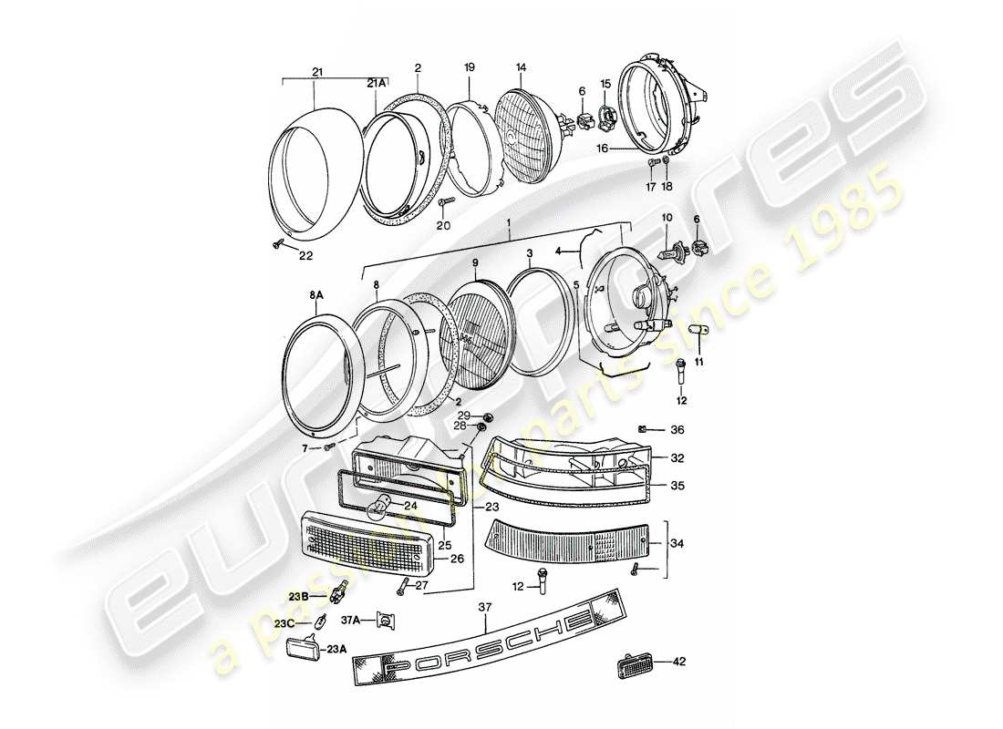 porsche 1985 (911) faro - diagrama de piezas de iluminación