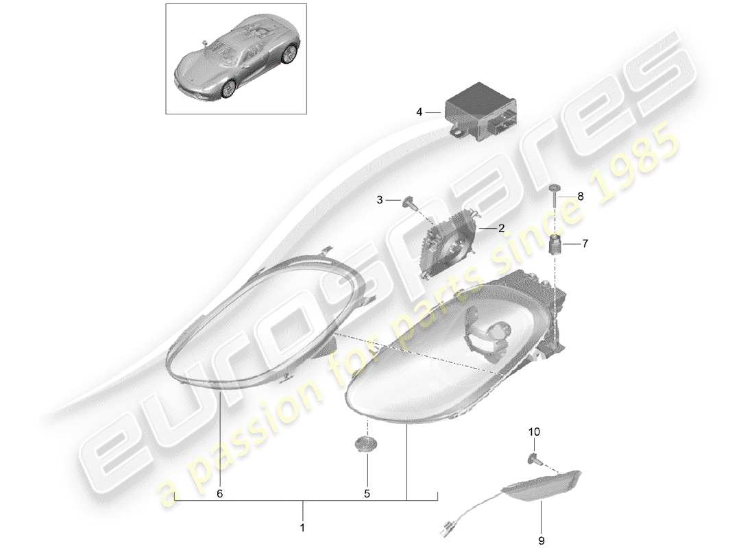 porsche 918 spyder (2015) diagrama de piezas del faro led
