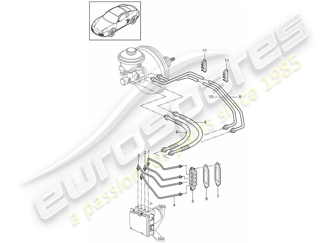 porsche 2009 (987 cayman) líneas de freno diagrama de piezas