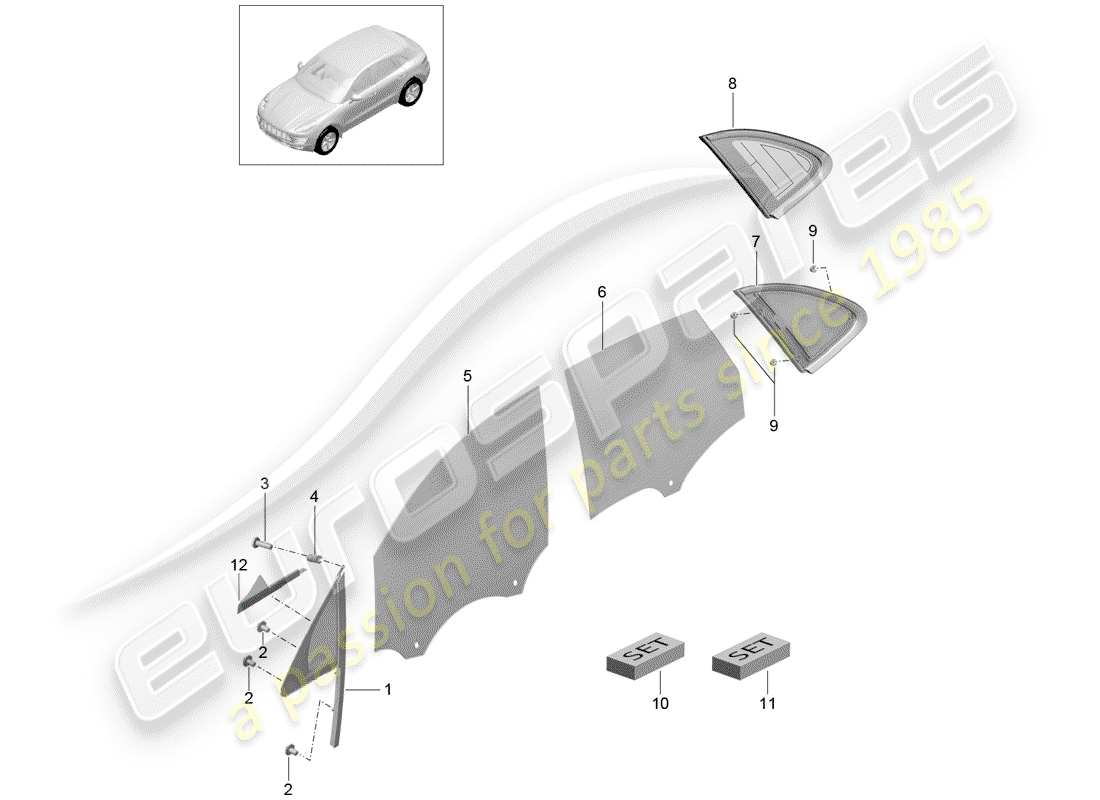 porsche 2016 (macan) diagrama de piezas de la ventana lateral