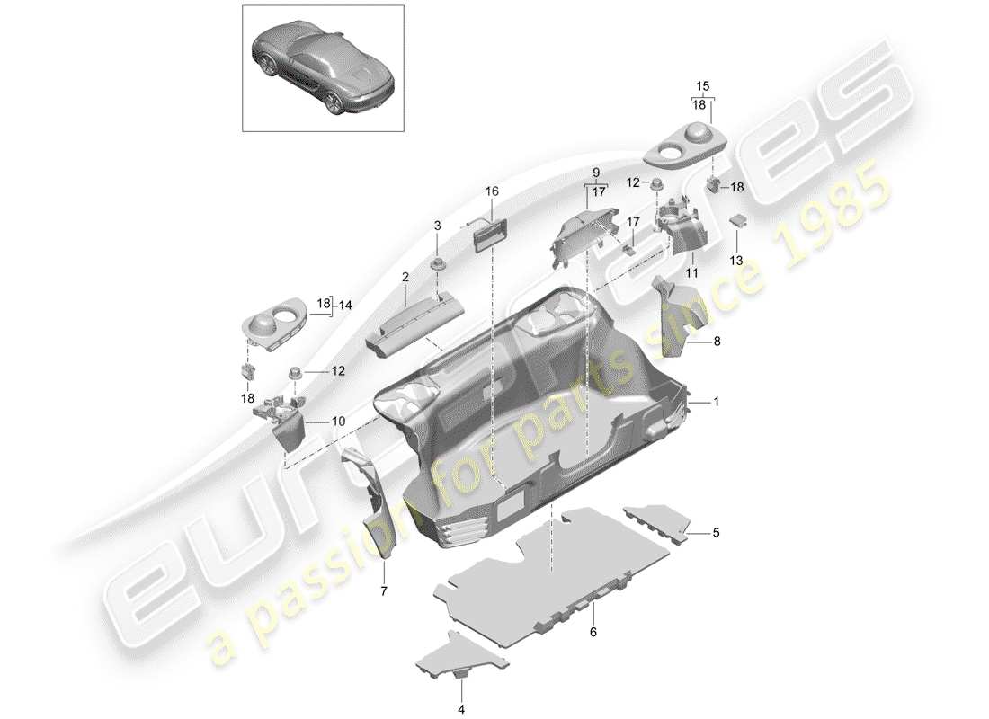 porsche 2013 (981 boxster) diagrama de piezas del compartimiento de equipaje