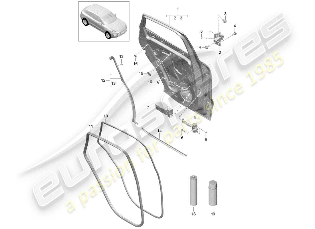 porsche macan (2018) diagrama de piezas de la carcasa de la puerta
