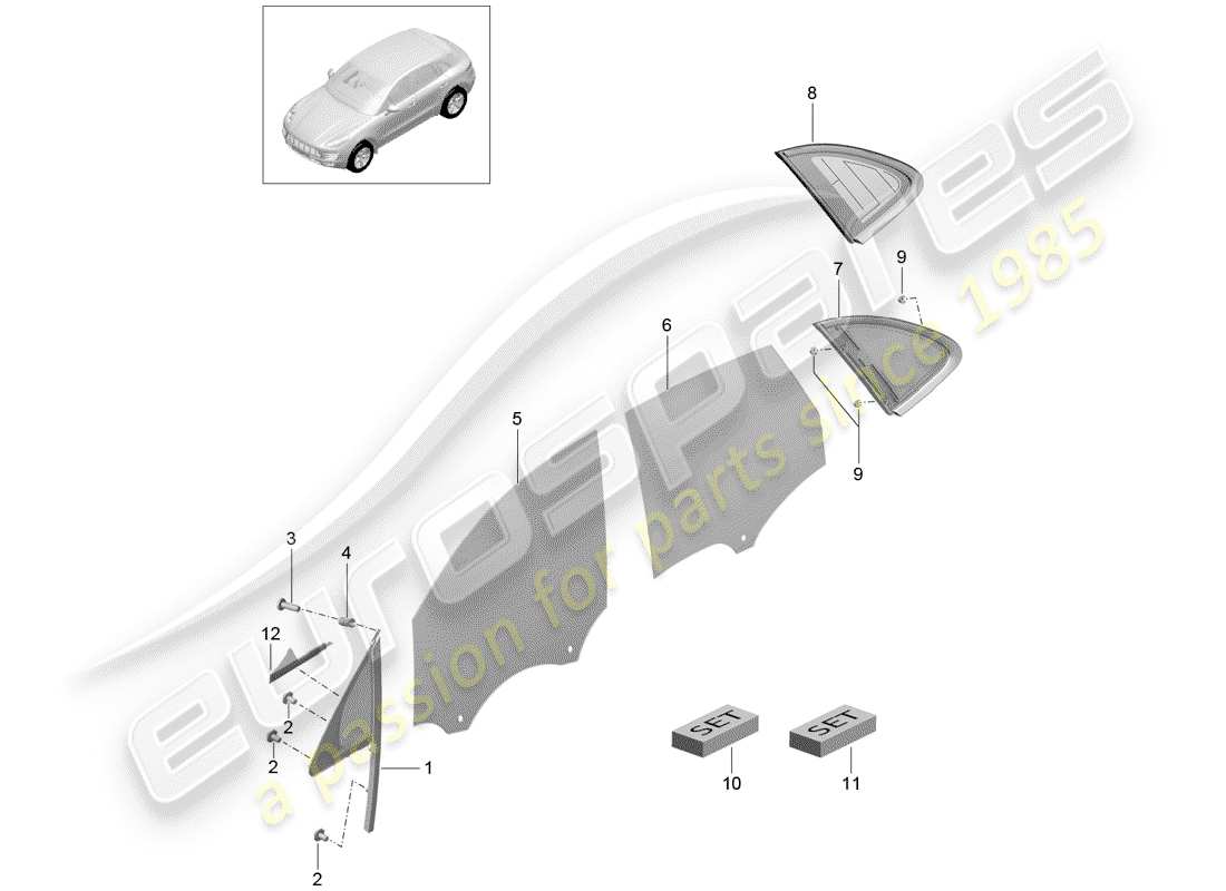 porsche 2016 (macan) ventana lateral diagrama de piezas