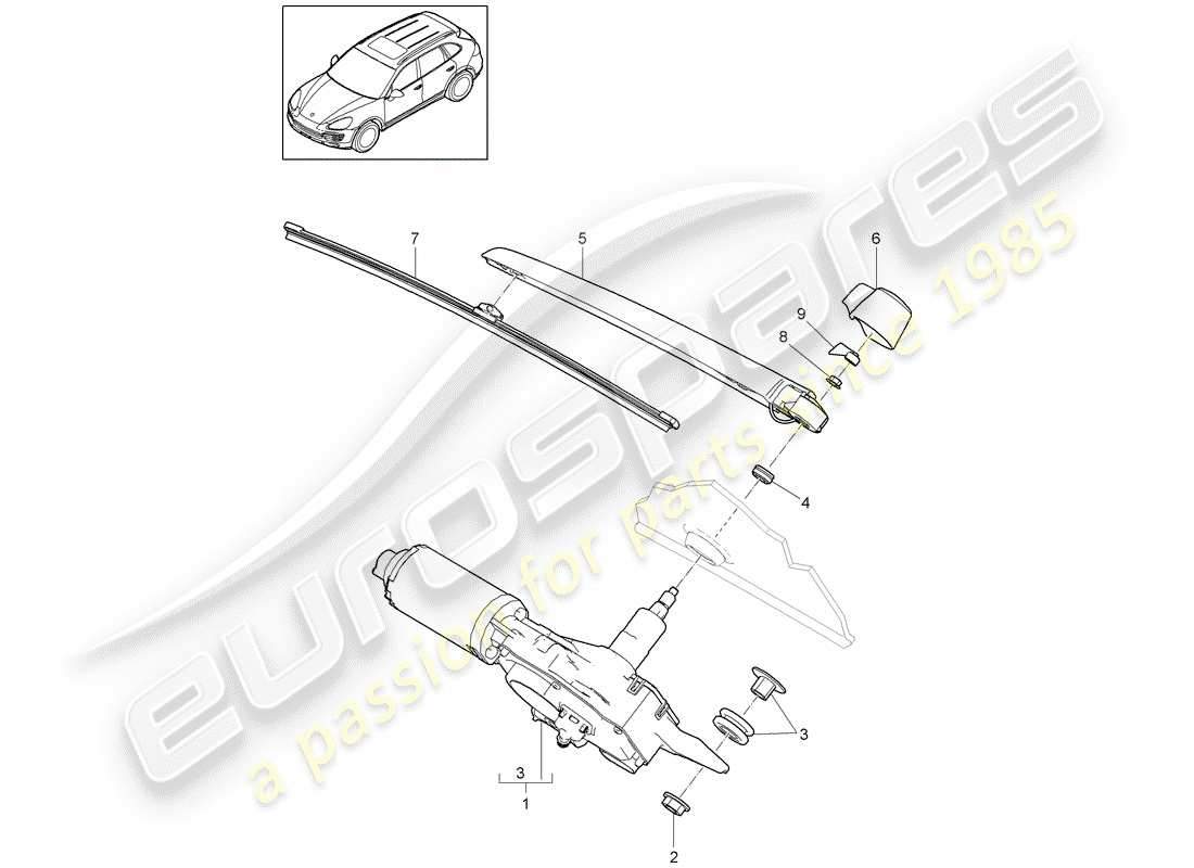 porsche 2016 (cayenne e2 92a) diagrama de piezas del limpiaparabrisas trasero