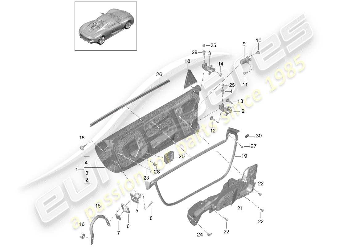 porsche 2015 (918 spyder) diagrama de piezas de la puerta
